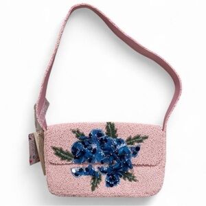 Viral Blue Hydrangea Flower Pink Beaded Bag NWT